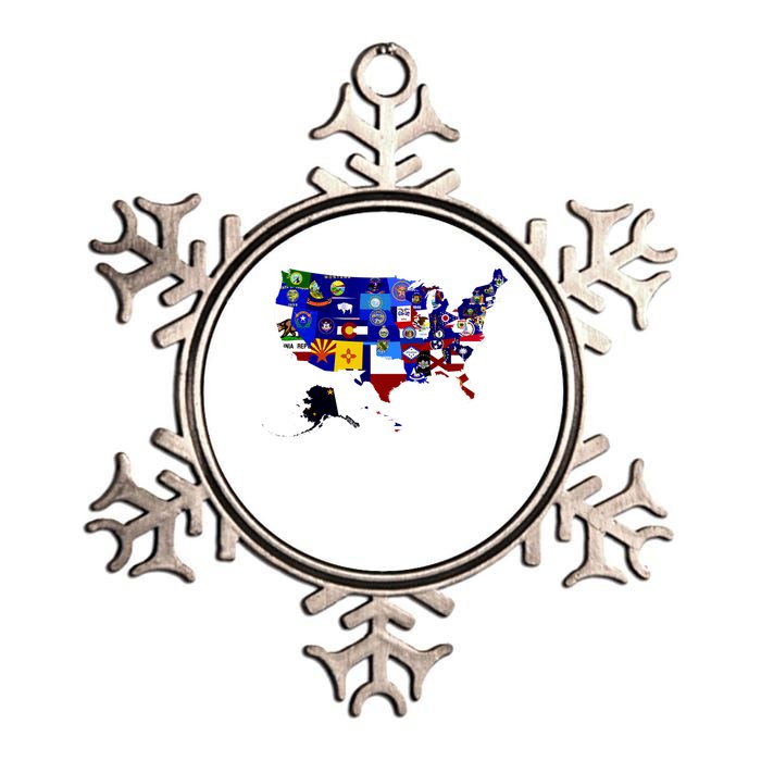 United States Map With Embeded Flags Metallic Star Ornament