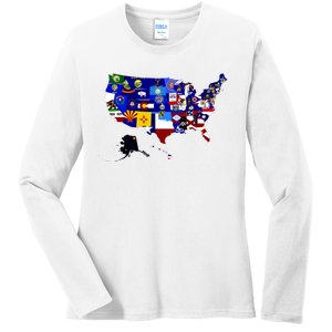 United States Map With Embeded Flags Ladies Long Sleeve Shirt