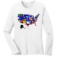 United States Map With Embeded Flags Ladies Long Sleeve Shirt