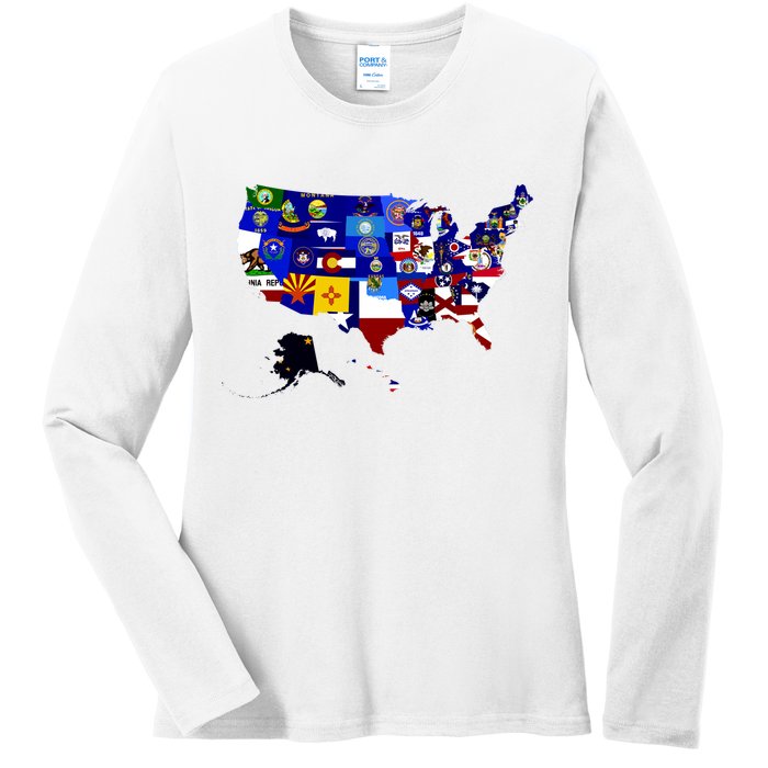 United States Map With Embeded Flags Ladies Long Sleeve Shirt