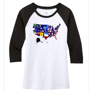 United States Map With Embeded Flags Women's Tri-Blend 3/4-Sleeve Raglan Shirt