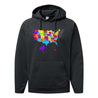 United States Map With States And Capital Cities Performance Fleece Hoodie