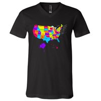 United States Map With States And Capital Cities V-Neck T-Shirt