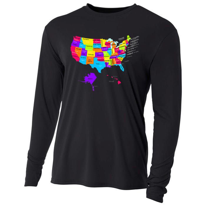 United States Map With States And Capital Cities Cooling Performance Long Sleeve Crew