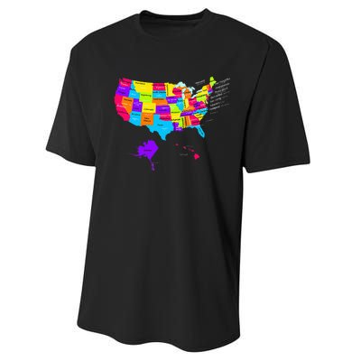 United States Map With States And Capital Cities Performance Sprint T-Shirt