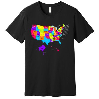 United States Map With States And Capital Cities Premium T-Shirt