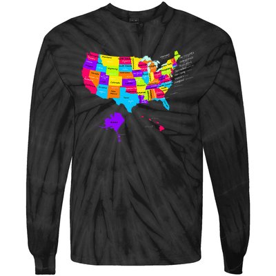 United States Map With States And Capital Cities Tie-Dye Long Sleeve Shirt