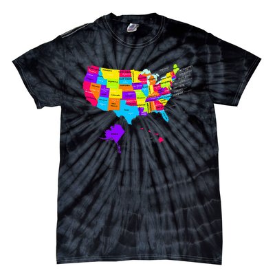 United States Map With States And Capital Cities Tie-Dye T-Shirt