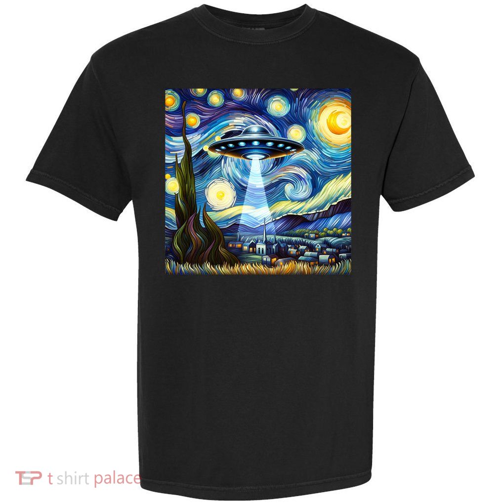 Ufo Starry Night Alien Van Gogh Sky Painting Art Ufo Alien Garment-Dyed Heavyweight T-Shirt