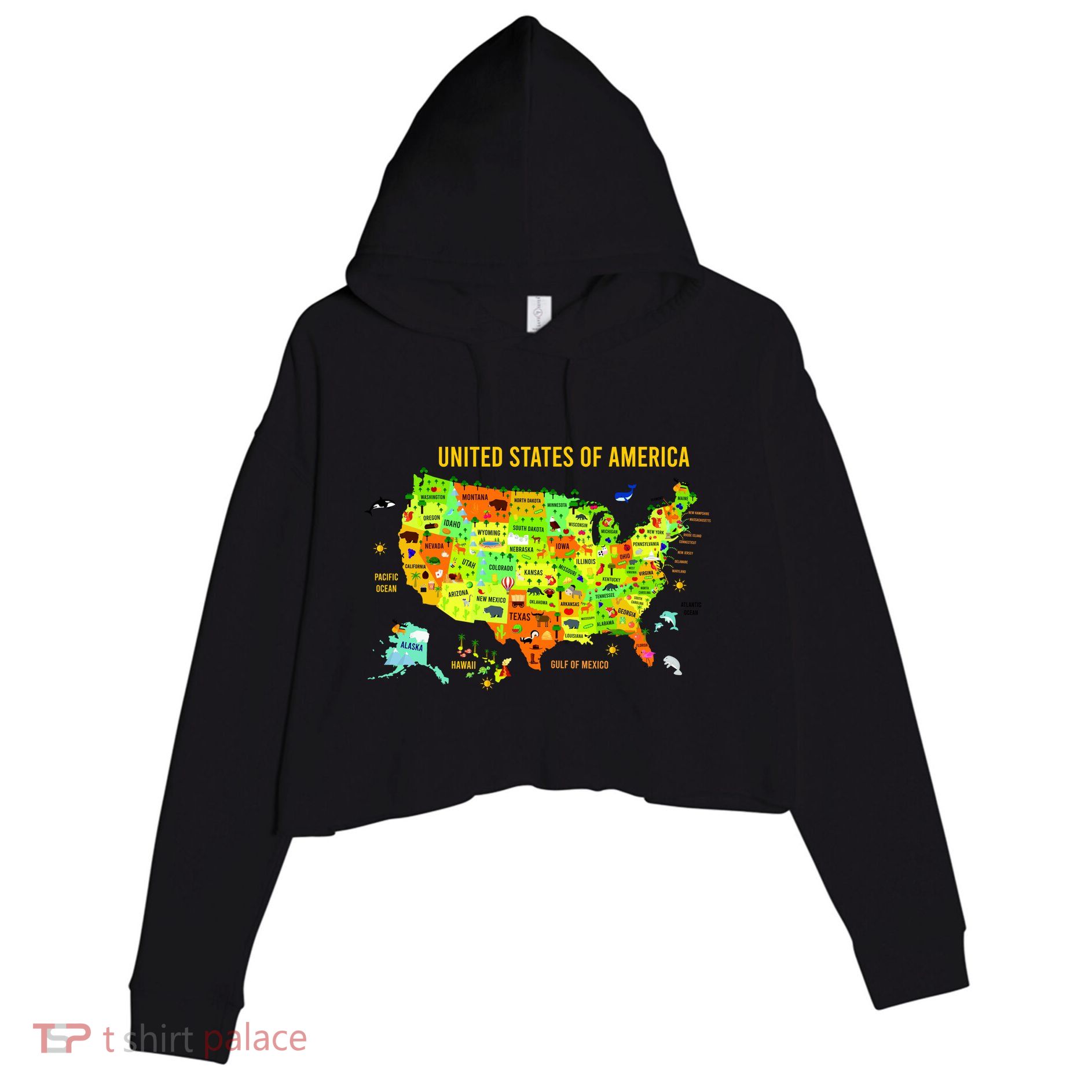 United States Of America Colorful Illustration Crop Fleece Hoodie