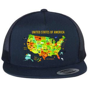 United States Of America Colorful Illustration Flat Bill Trucker Hat