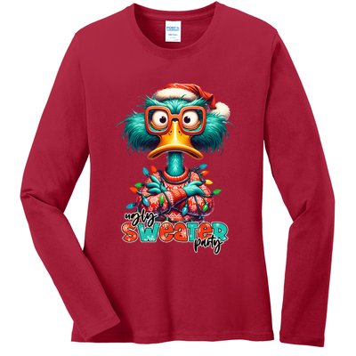 Ugly Sweater Party Funny Sarcastic Grumpy Duck Christmas Ladies Long Sleeve Shirt