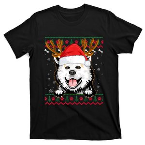 Ugly Sweater Reindeer Santa Christmas American Eskimo Dog T-Shirt