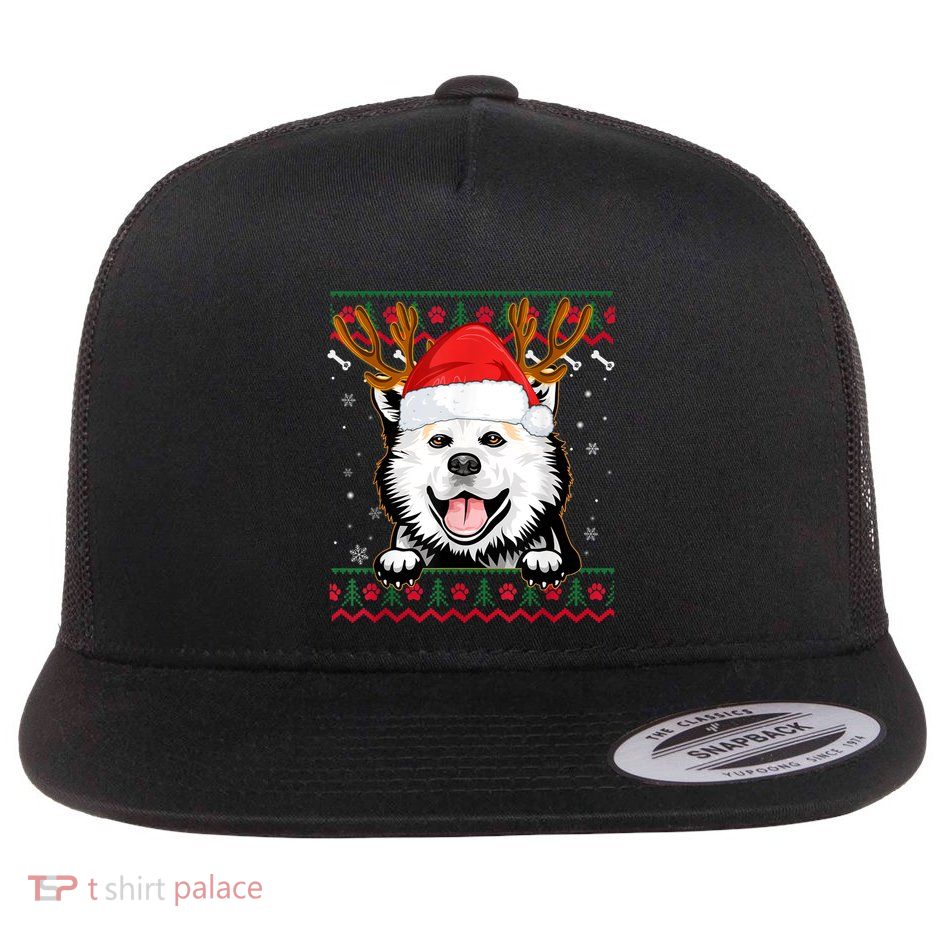 Ugly Sweater Reindeer Santa Christmas American Eskimo Dog Flatbill Hat