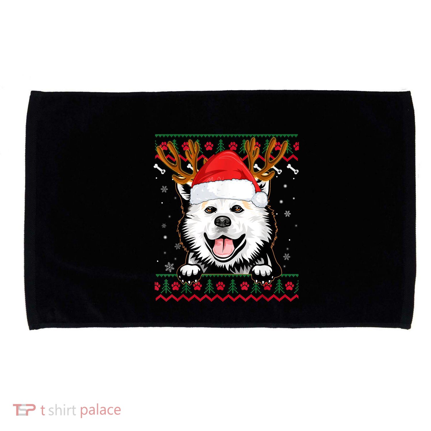 Ugly Sweater Reindeer Santa Christmas American Eskimo Dog Microfiber Hand Towel