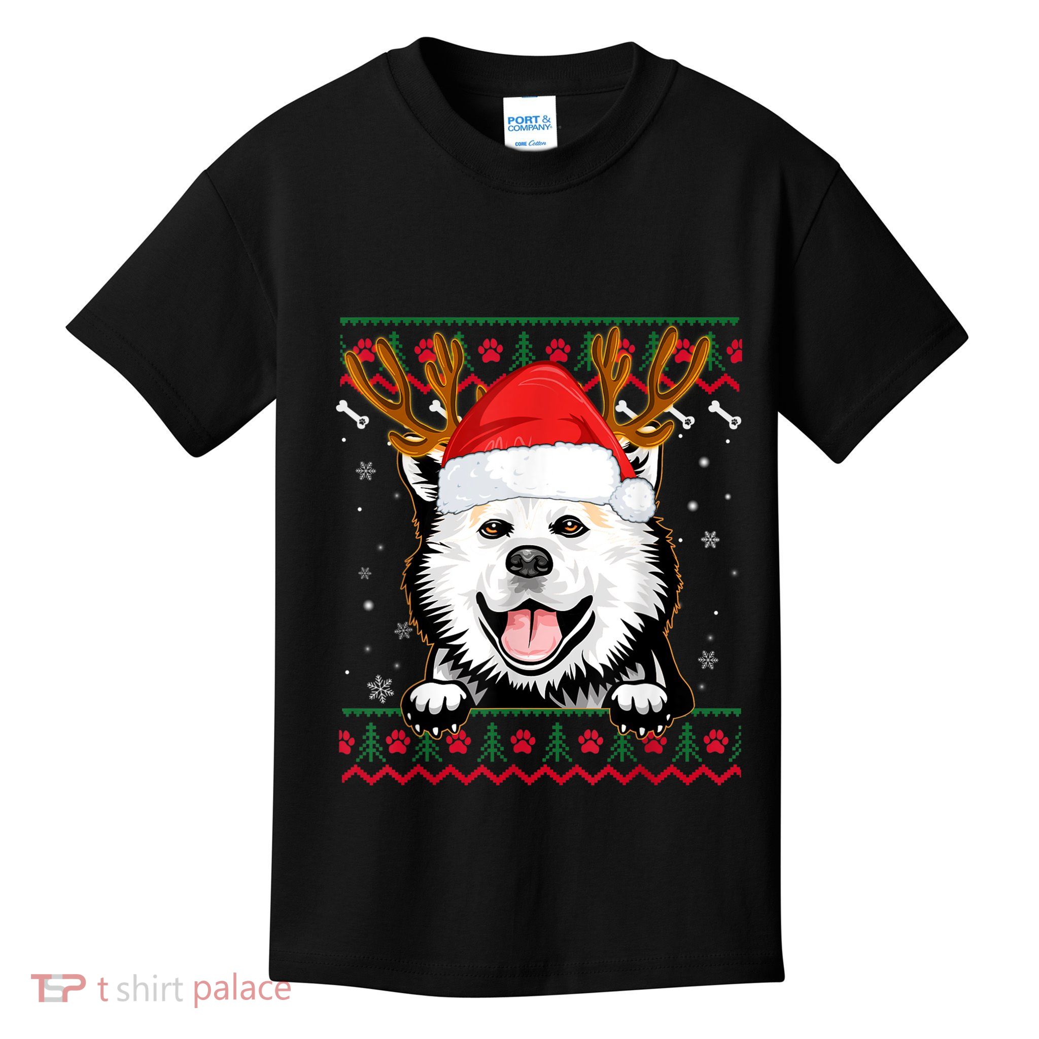 Ugly Sweater Reindeer Santa Christmas American Eskimo Dog Kids T-Shirt