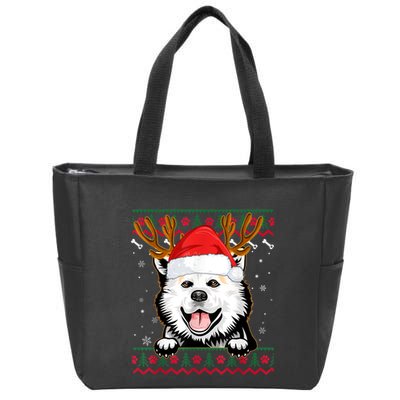 Ugly Sweater Reindeer Santa Christmas American Eskimo Dog Zip Tote Bag