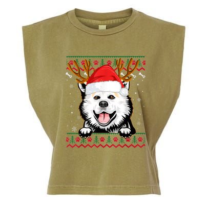 Ugly Sweater Reindeer Santa Christmas American Eskimo Dog Garment-Dyed Women's Muscle Tee