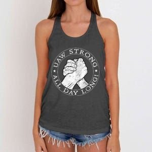 UAW Strike Red United Auto Workers Picket Sign UAW Strong All Day Long Women's Knotted Racerback Tank