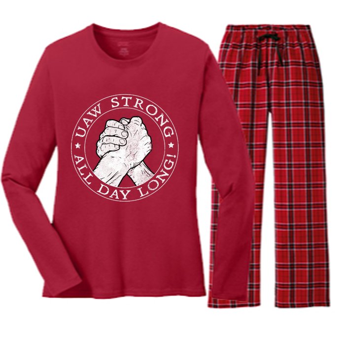 UAW Strike Red United Auto Workers Picket Sign UAW Strong All Day Long Women's Long Sleeve Flannel Pajama Set 