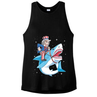 Uncle Sam Riding Shark 4th Of July Jawsome Ladies PosiCharge Tri-Blend Wicking Tank