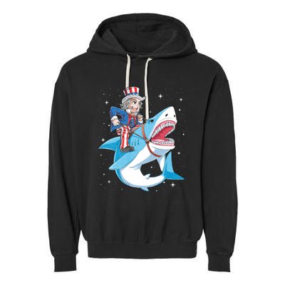 Uncle Sam Riding Shark 4th Of July Jawsome Garment-Dyed Fleece Hoodie