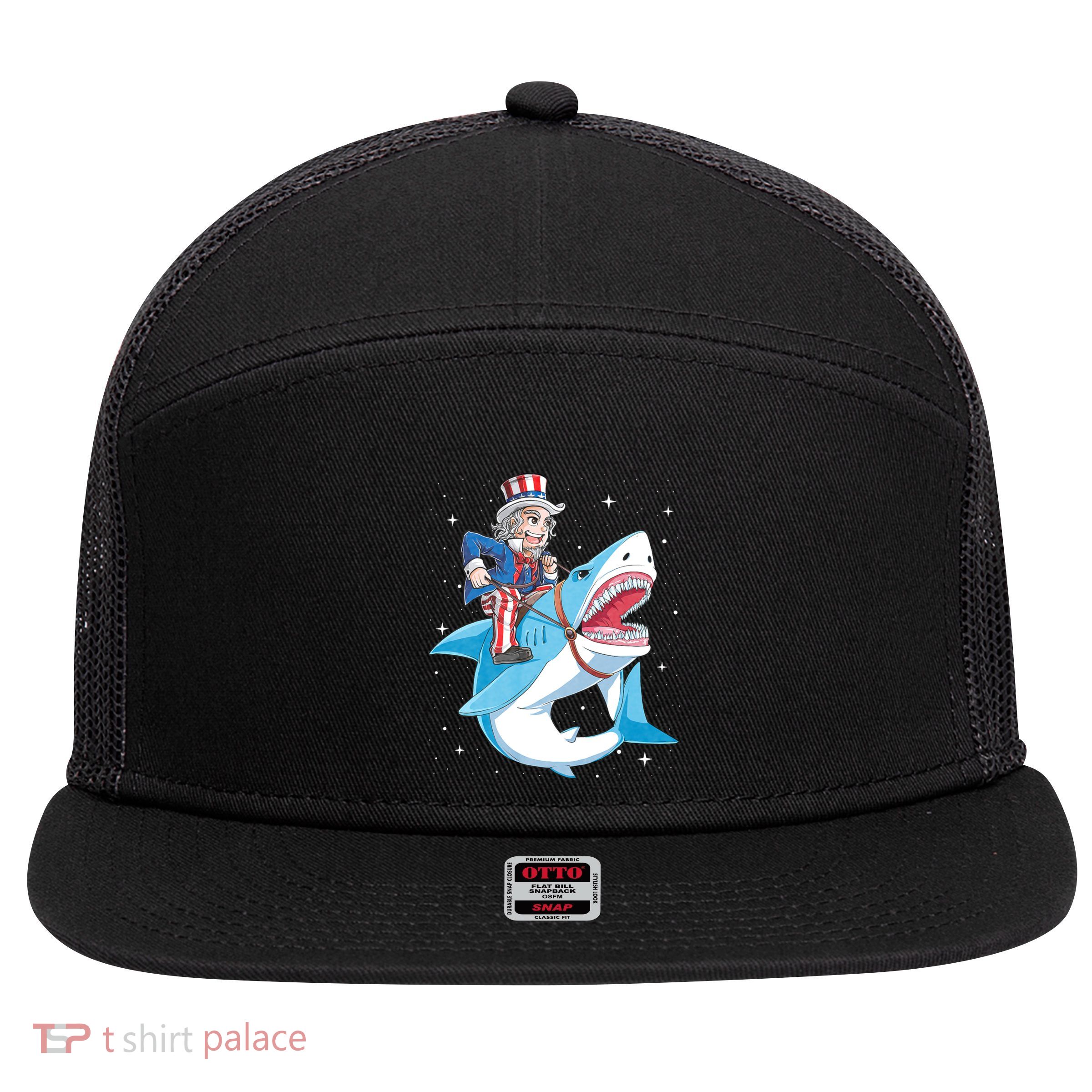 Uncle Sam Riding Shark 4th Of July Jawsome 7 Panel Mesh Trucker Snapback Hat