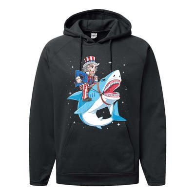 Uncle Sam Riding Shark 4th Of July Jawsome Performance Fleece Hoodie