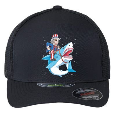 Uncle Sam Riding Shark 4th Of July Jawsome Flexfit Unipanel Trucker Cap