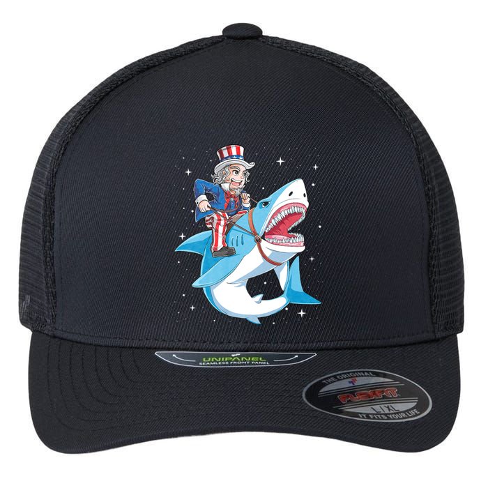 Uncle Sam Riding Shark 4th Of July Jawsome Flexfit Unipanel Trucker Cap