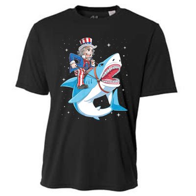 Uncle Sam Riding Shark 4th Of July Jawsome Cooling Performance Crew T-Shirt