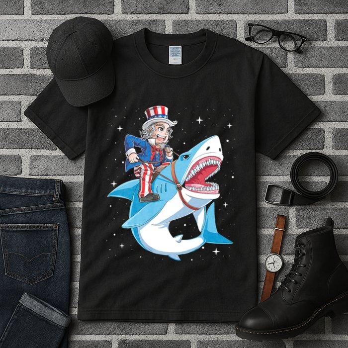 Uncle Sam Riding Shark 4th Of July Jawsome Tall T-Shirt