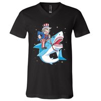 Uncle Sam Riding Shark 4th Of July Jawsome V-Neck T-Shirt