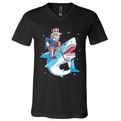 Uncle Sam Riding Shark 4th Of July Jawsome V-Neck T-Shirt