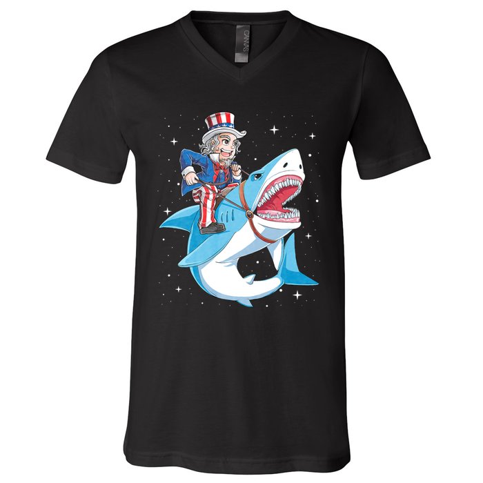 Uncle Sam Riding Shark 4th Of July Jawsome V-Neck T-Shirt