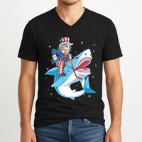 Uncle Sam Riding Shark 4th Of July Jawsome V-Neck T-Shirt