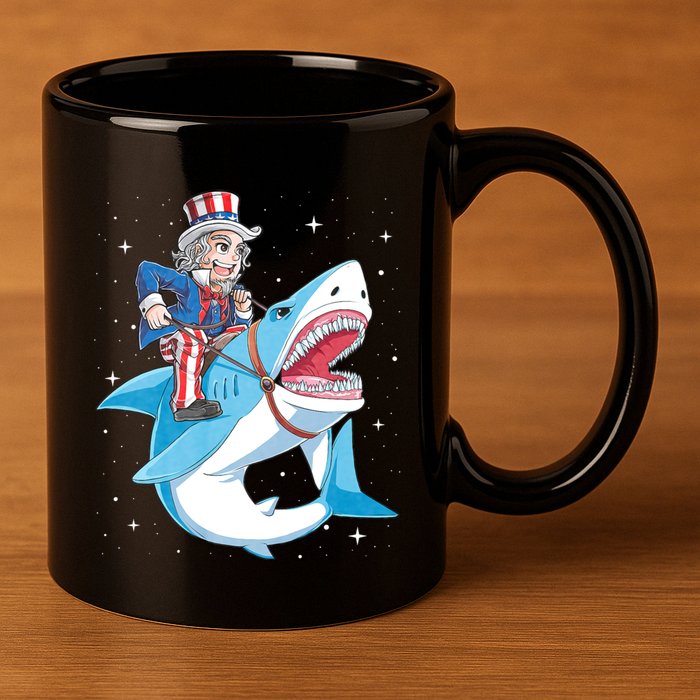 Uncle Sam Riding Shark 4th Of July Jawsome 11oz C Handle Ceramic Mug