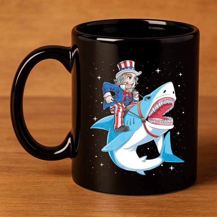 Uncle Sam Riding Shark 4th Of July Jawsome 11oz C Handle Ceramic Mug