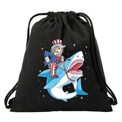 Uncle Sam Riding Shark 4th Of July Jawsome Drawstring Bag