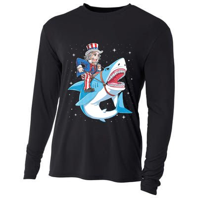 Uncle Sam Riding Shark 4th Of July Jawsome Cooling Performance Long Sleeve Crew