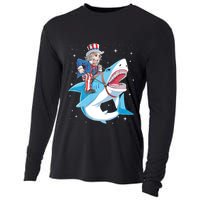 Uncle Sam Riding Shark 4th Of July Jawsome Cooling Performance Long Sleeve Crew