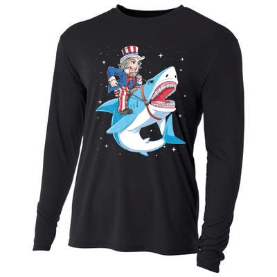 Uncle Sam Riding Shark 4th Of July Jawsome Cooling Performance Long Sleeve Crew