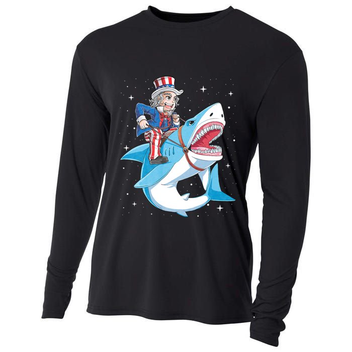 Uncle Sam Riding Shark 4th Of July Jawsome Cooling Performance Long Sleeve Crew
