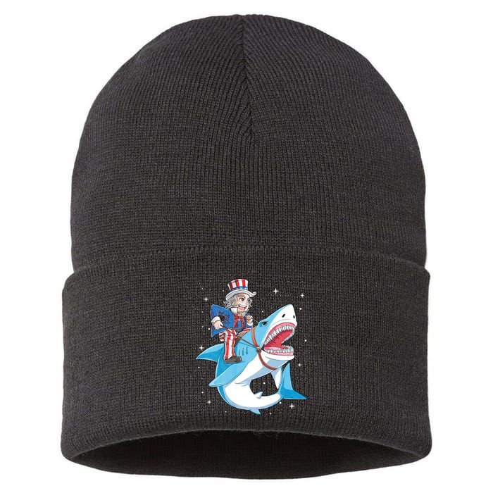 Uncle Sam Riding Shark 4th Of July Jawsome Sustainable Knit Beanie