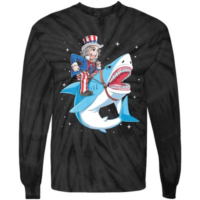 Uncle Sam Riding Shark 4th Of July Jawsome Tie-Dye Long Sleeve Shirt