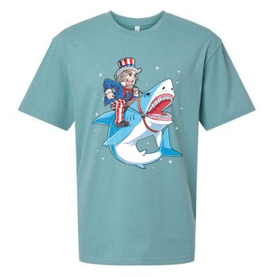 Uncle Sam Riding Shark 4th Of July Jawsome Sueded Cloud Jersey T-Shirt