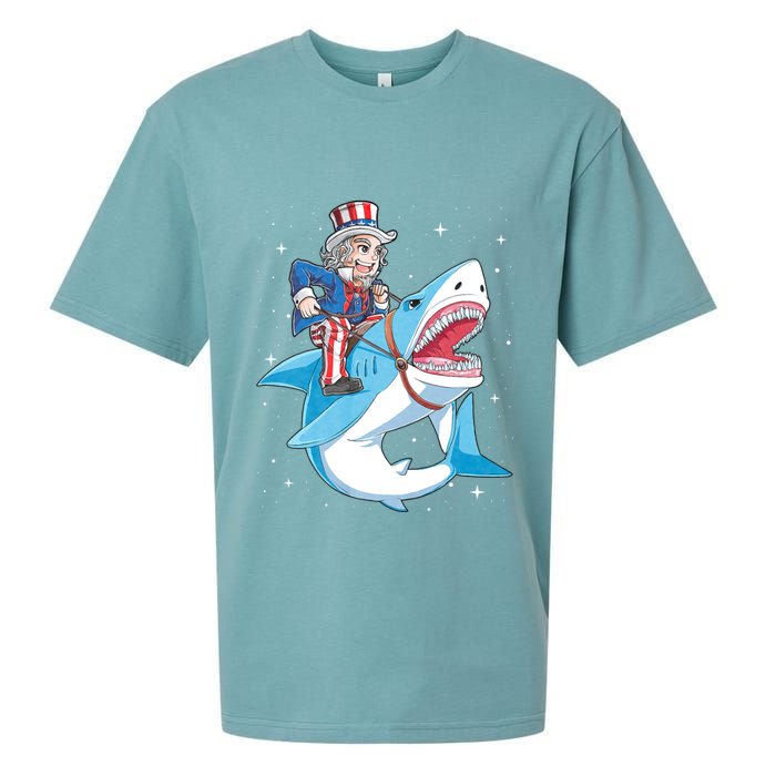 Uncle Sam Riding Shark 4th Of July Jawsome Sueded Cloud Jersey T-Shirt