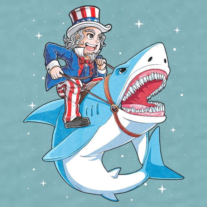 Uncle Sam Riding Shark 4th Of July Jawsome Sueded Cloud Jersey T-Shirt