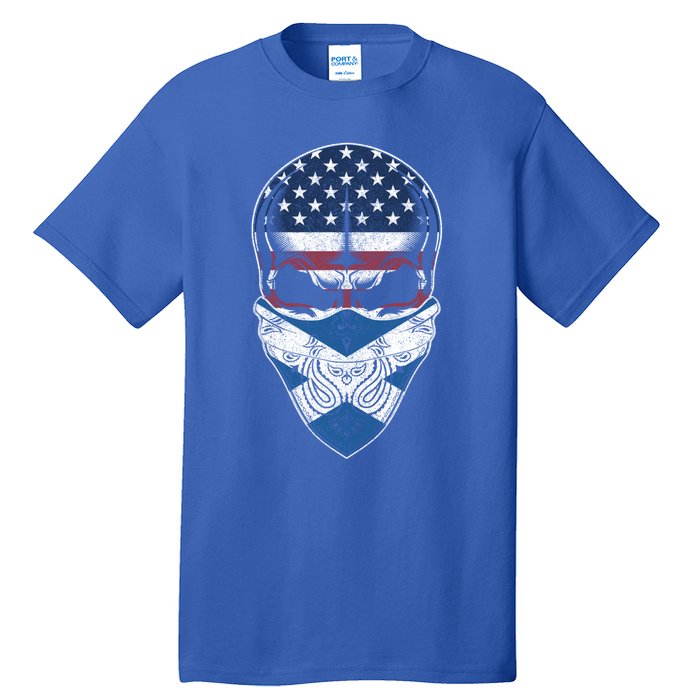 Usa Scotland Roots Gift Scottish American Flag Skull Cool Gift Tall T-Shirt