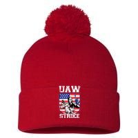 UAW Strike Red United Auto Workers Picket Sign Design Pom Pom 12in Knit Beanie